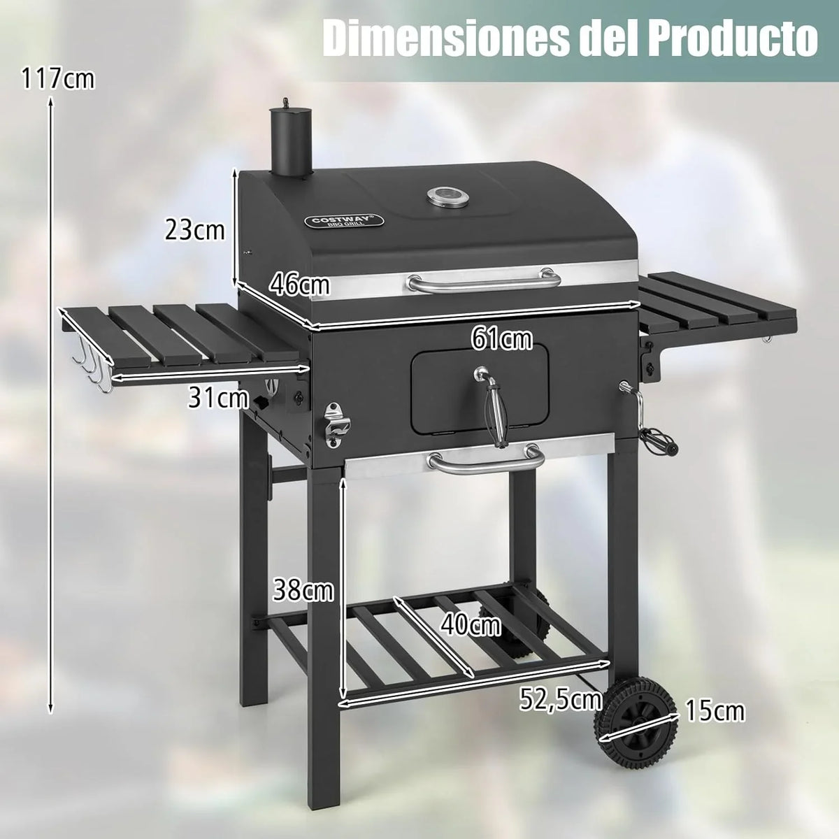 2026 COSTWAY Barbacoa Carbon XXL, Barbacoa Portatil 128 x 54x 117 cm, Tapa, Termómetro, 2 Mesas Laterales Plegables, 8 Ganchos, 2 Ruedas y Abridor de Botellas