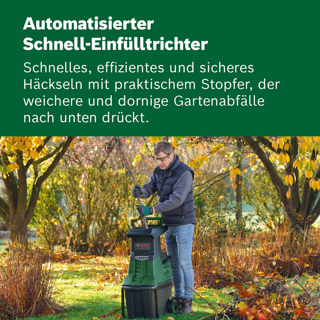 Trituradora de turbina Bosch AXT 25 TC 2026 (2500 W; apta para madera y residuos de jardín duros; incluye guantes de jardinería; caja recolectora integrada de 53 l; en caja de cartón) – Edición