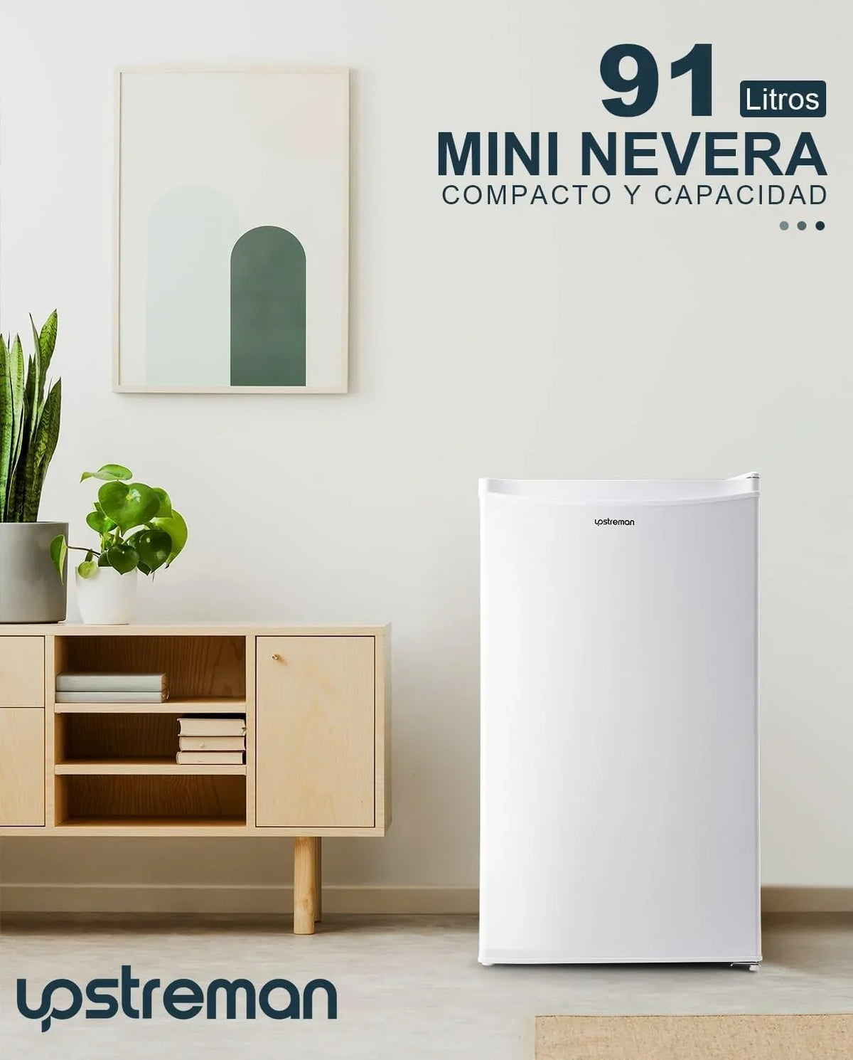 2026 Upstreman Frigorífico con Congelador, Nevera Pequeña 91L Compacta – Mini Frigorífico Blanco, Eficiencia Energética E, Silencioso, Ideal para Dormitorio, Oficina o Cocina Blanco – BR321