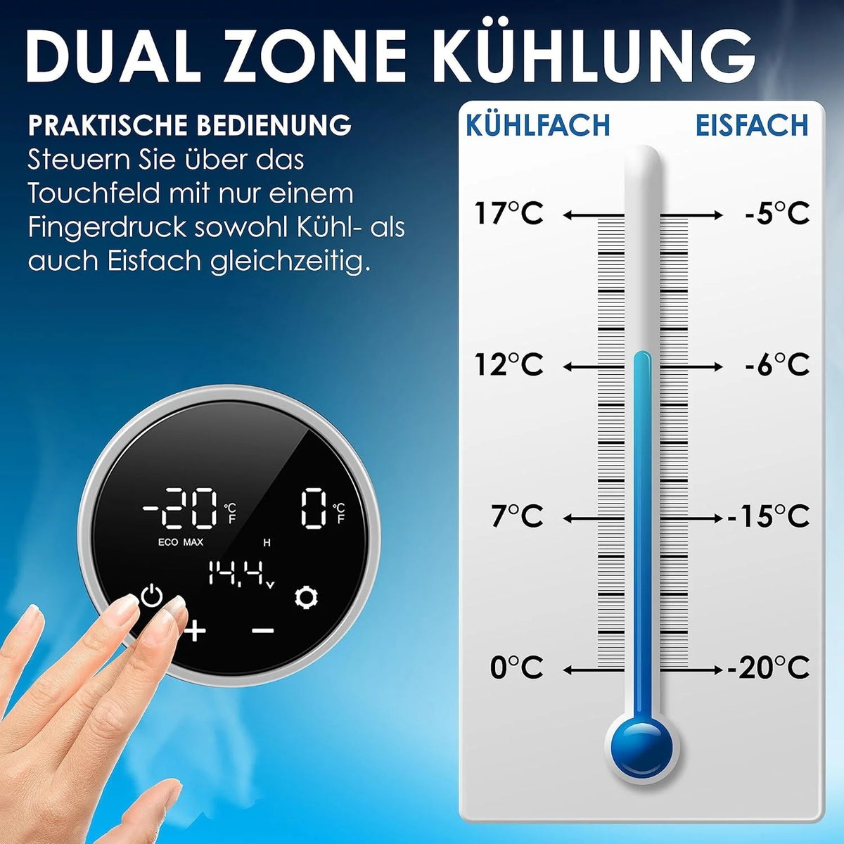 Nevera portátil KESSER 2026 con compresor, 2 en 1, doble zona de refrigeración y congelación, con congelador eléctrico, 2 acumuladores de frío y control táctil LED | Refrigerador con capacidad de enfriamiento hasta – 20 °C para camping, coche y