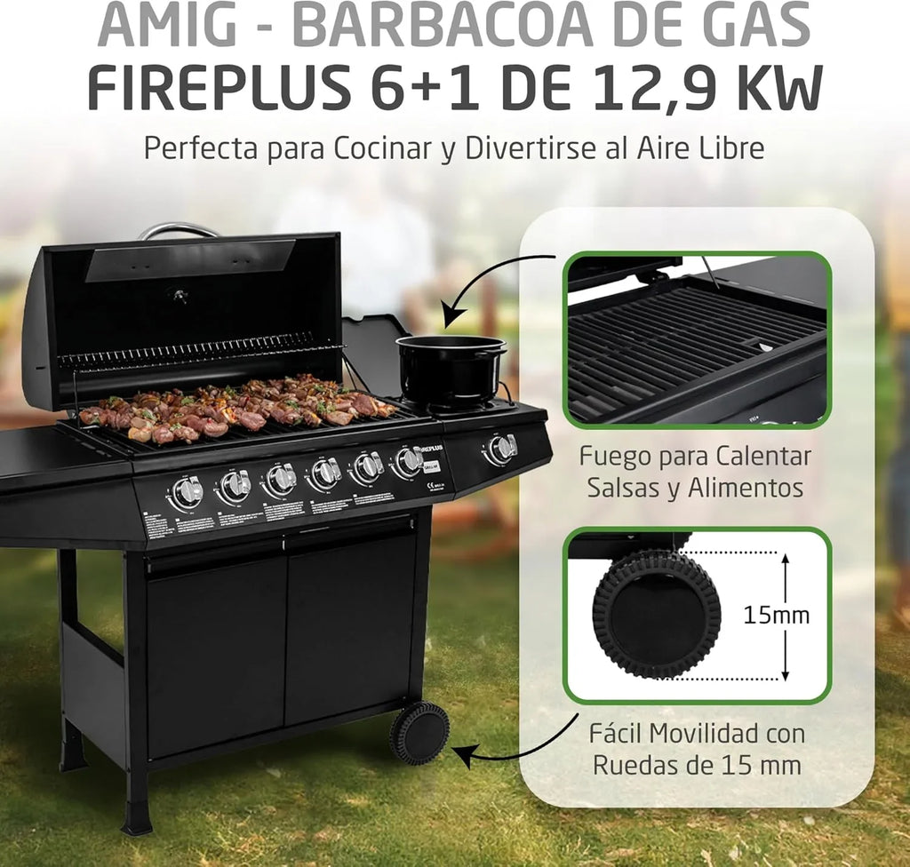 2026 Amig – Barbacoa de gas Fireplus 6+1 de 12,9 kW – Acero inoxidable Negro – Parrilla con ruedas Modelo GRILL – 6F – Barbacoa XXL con carro y termómetro – 138x52x103 cm – 7 quemadores y Bandeja lateral