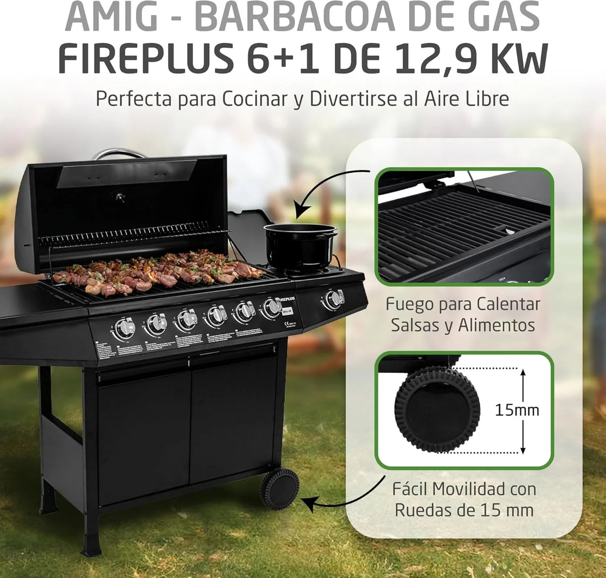 2026 Amig – Barbacoa de gas Fireplus 6+1 de 12,9 kW – Acero inoxidable Negro – Parrilla con ruedas Modelo GRILL – 6F – Barbacoa XXL con carro y termómetro – 138x52x103 cm – 7 quemadores y Bandeja lateral