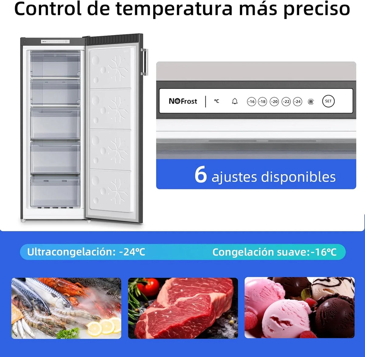 2026 CHiQ Congelador Vertical No frost 166L,FSD166NE4E, Cajones XL, Control de Temperatura Electrónico, Puertas Reversibles, Silencioso, Ice Box, Color Inox Negro, Clase Energética E