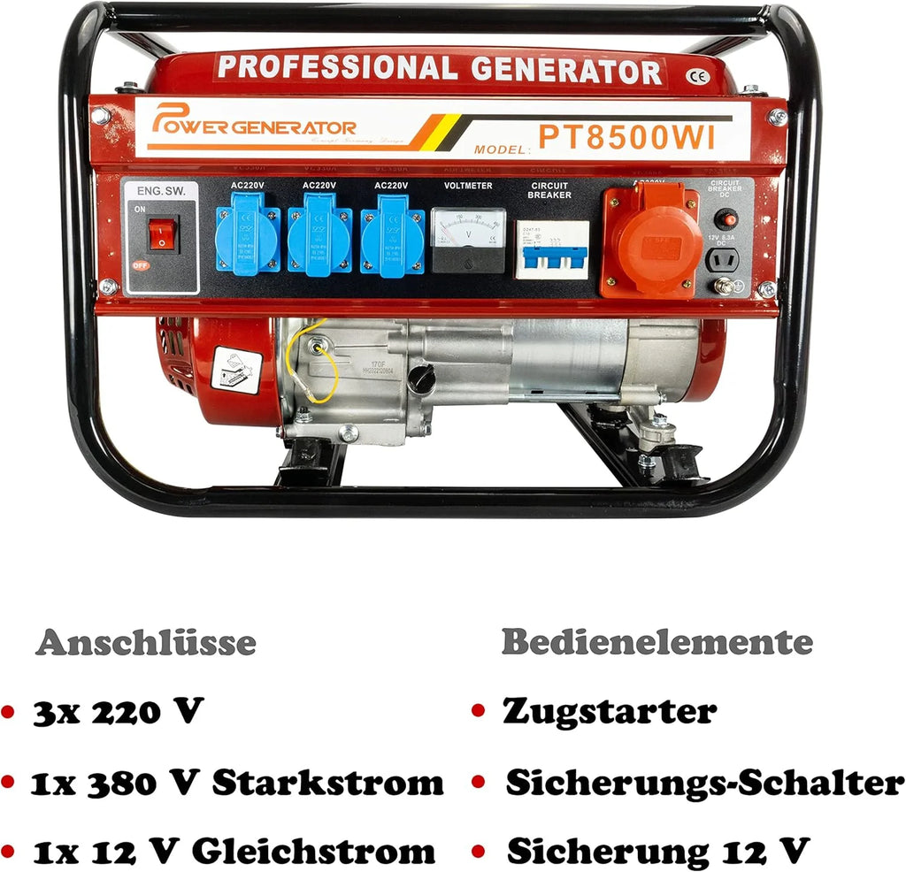 Generador de gasolina 2026 | Generador eléctrico con accesorios | Generador de emergencia silencioso | 5 tomas de corriente: 3 x 230 V / 1 x 400 V / 1 x 12 V | 6,5 CV (Generador con arranque por cuerda)