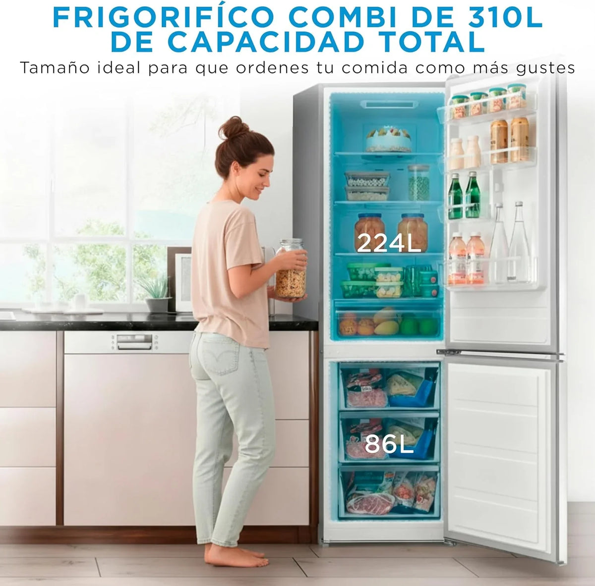 2026 Midea Frigorífico Combi No Frost | 60 cm ancho x 188 alto cm | Inox | Nevera libre instalación 224 L + 86 L Congelador – Refrigerador de bajo consumo con congelador vertical