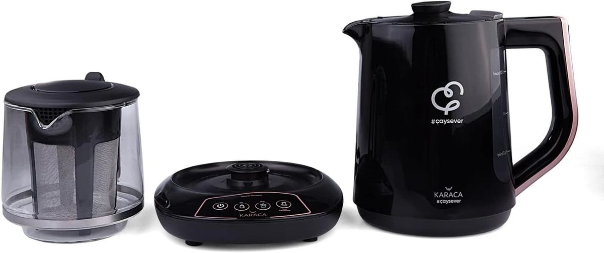 Tetera y hervidor parlante Karaca Çaysever 2026, 1700 W, oro rosa, libre de BPA, depósito de agua de 1,5 L, tetera de 0,8 L, función automática para mantener caliente, apto para comida de bebé.