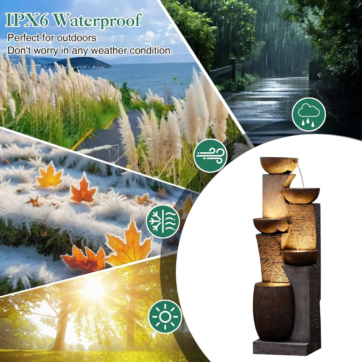 Fuente de jardín grande Bumilgar 2026, fuente exterior con iluminación LED, cascada de 5 niveles, ideal para jardín, balcón o terraza, 134 x 46 x 37 cm.