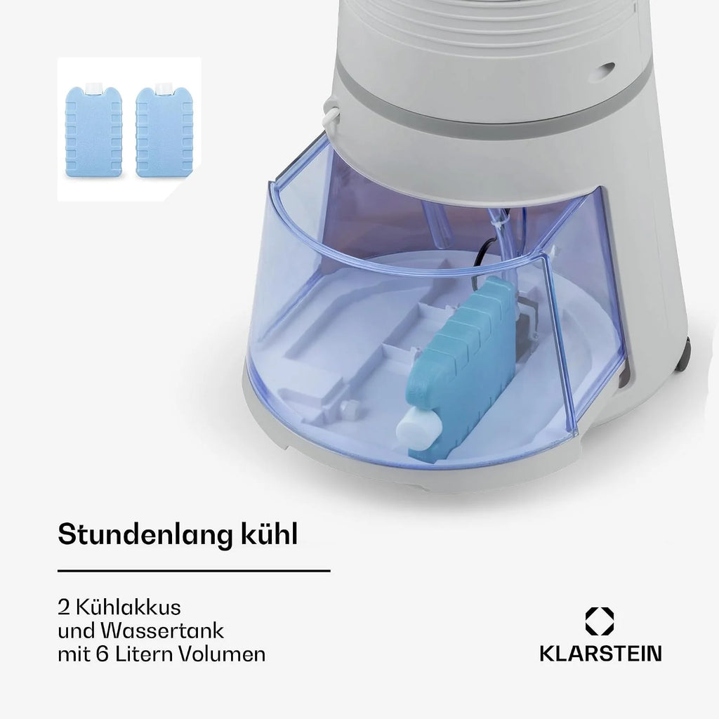Klarstein 4 en 1 (2026): Enfriador de aire inteligente, ventilador, humidificador e ionizador | Depósito de agua de 6 L, oscilación, 30 W, 210 m³/h, temporizador | Aire acondicionado sin tubo de escape, portátil, color plata