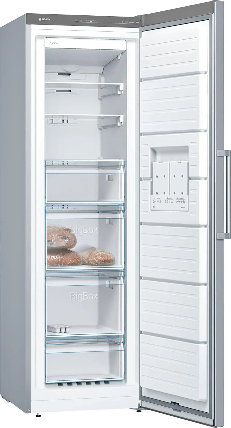 2026 Bosch – Congelador Vertical NoFrost, Serie 4, alto 186 x ancho 60 cm, 242 L, Cajones BigBox para alimentos grandes, Sistema Multiairflow, Acero, GSN29VIEP