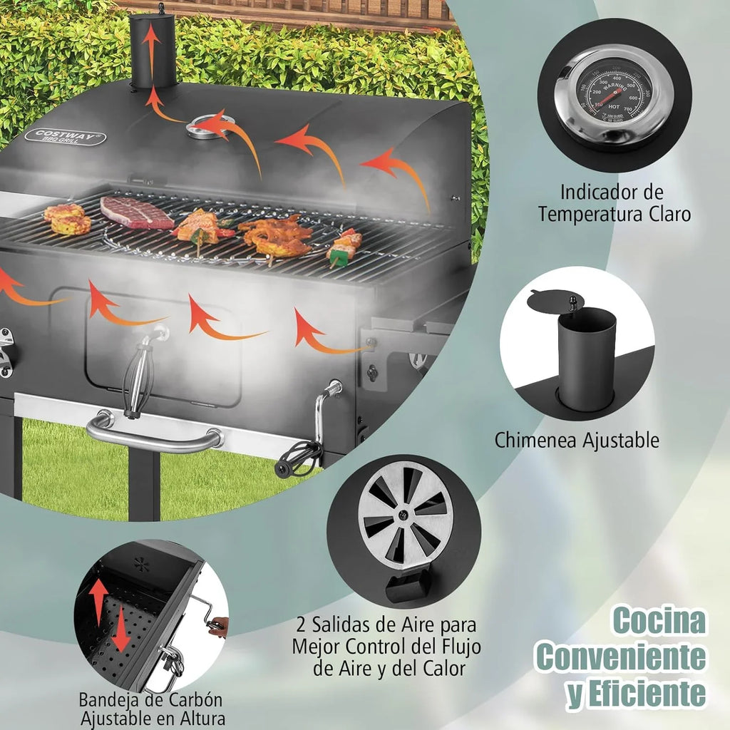 2026 COSTWAY Barbacoa Carbon XXL, Barbacoa Portatil 128 x 54x 117 cm, Tapa, Termómetro, 2 Mesas Laterales Plegables, 8 Ganchos, 2 Ruedas y Abridor de Botellas