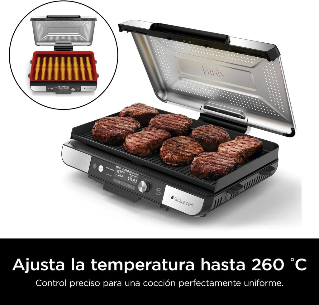 Parrilla y plancha de interior Ninja Sizzle Pro XL con placa y plancha de cerámica antiadherente, tapa desmontable, recolector de grasa y guía de recetas, plata/negro GX101EU 2026