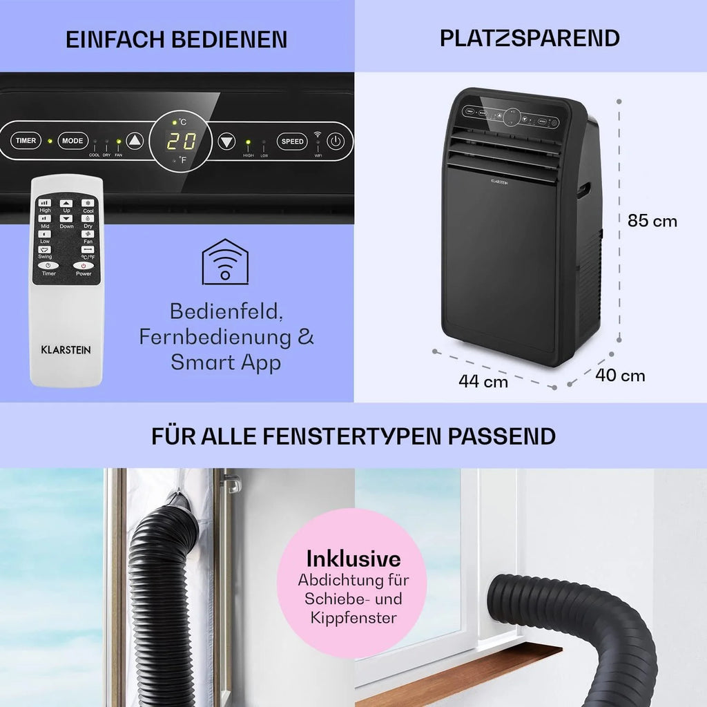Aire acondicionado móvil Klarstein 2026 con manguera de escape, aire acondicionado 4 en 1 con ventilador, deshumidificador y modo nocturno, aire acondicionado pequeño y portátil para el hogar y la oficina, bajo consumo de energía, 9000 BTU.
