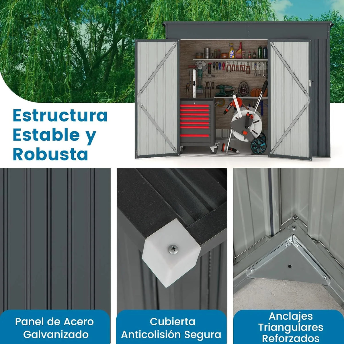 2026 COSTWAY Caseta Jardin Exterior, 235 x 117 x 185 cm, obertizo Jardin Exterior con 2 Puertas, Techo Inclinado, Casita Organizador de Metal Galvanizado, Organizador de Herramientas para Jardín Patio