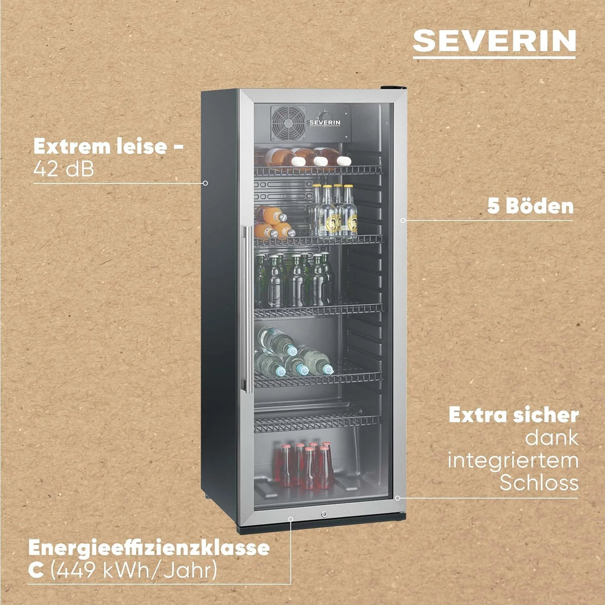 Nevera para botellas SEVERIN 2026, con cerradura integrada e iluminación LED integrada, capacidad neta de 118 L, color negro/plata, FSK 8840