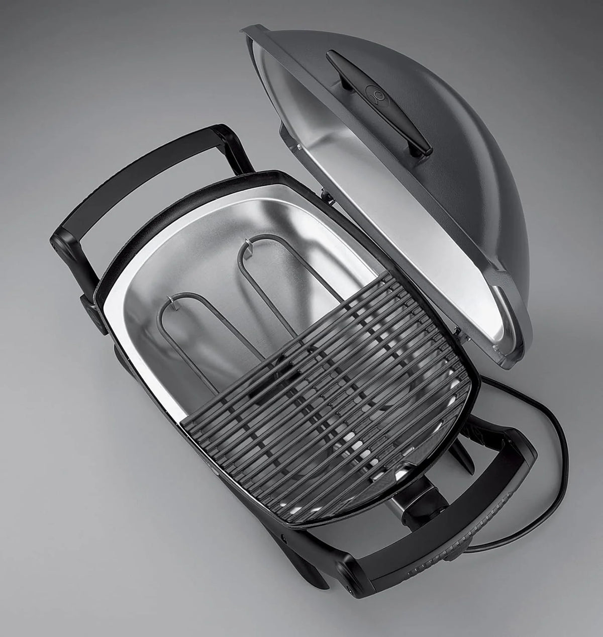 Parrilla eléctrica Weber Q2400 de 2026 con soporte y mesas laterales, superficie de cocción de 54 x 39 cm, portátil, rejilla de cocción de hierro fundido esmaltado en porcelana de 2 piezas, tapa y carcasa de aluminio fundido – Gris oscuro (55020879)