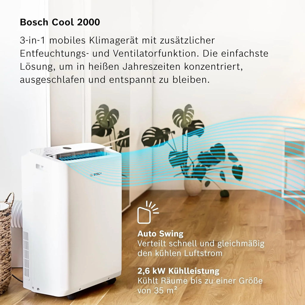 Aire acondicionado portátil Bosch Cool 4000 (modelo 2026) – 3 en 1: Aire acondicionado, deshumidificador y ventilador – 2,6 kW para habitaciones de hasta 35 m² – Con modo automático, modo silencioso y modo reposo.