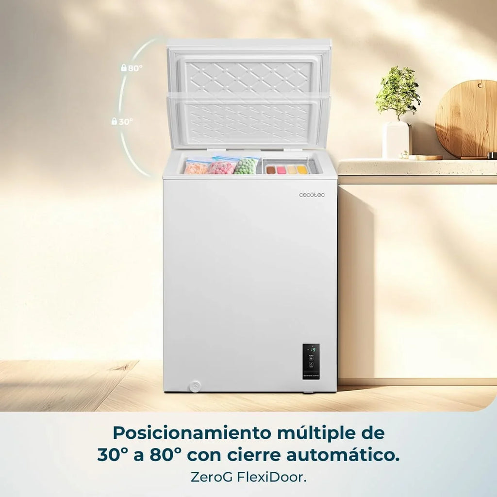 Congelador horizontal Cecotec Bolero CoolMarket 143L blanco, modelo 2026. Cesta con asas, control electrónico LED, UltraContact D – Cool, doble función, puerta ZeroG (80º – 30º), congelación rápida, compacto.