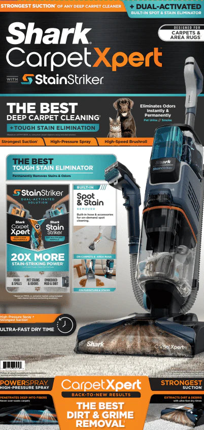 2026 Shark CarpetXpert with StainStriker, Upright Carpet, Area Rug & Upholstery Cleaner for Pets, Built-in Spot & Stain Eliminator, Deep Cleaning & Tough Stain Removal, Carpet Shampooer, Navy, New,EX200
