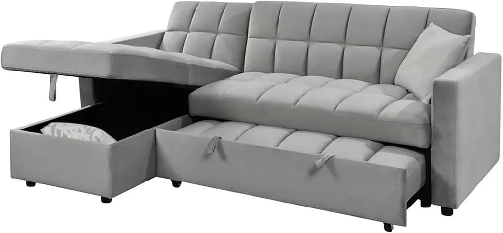 2026 Sofá Cama Chaise Longue 210x145 cm – Chaise Longue Reversible Ambos Lados con Arcón, Sofa Rinconera con Sistema de Arrastre, Armazón de Pino Macizo – Gris Terciopelo
