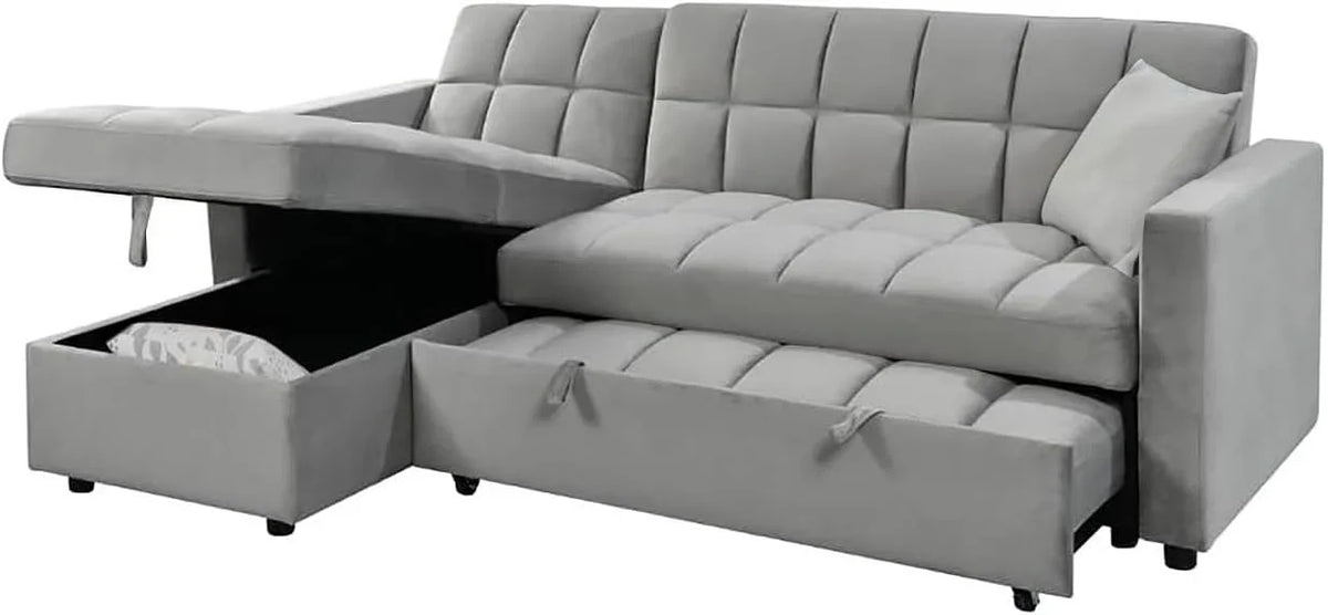 2026 Sofá Cama Chaise Longue 210x145 cm – Chaise Longue Reversible Ambos Lados con Arcón, Sofa Rinconera con Sistema de Arrastre, Armazón de Pino Macizo – Gris Terciopelo