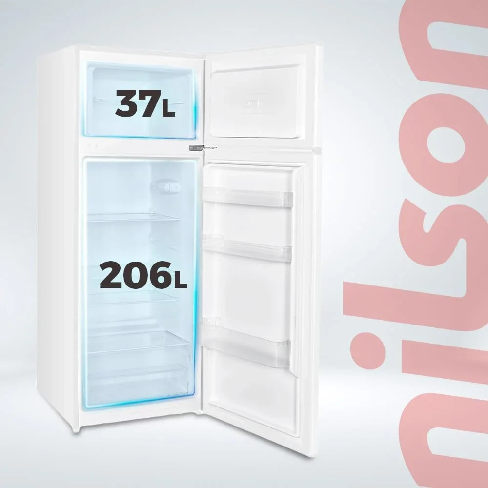 2026 NILSON Frigorífico 2 Puertas Blanco NF145500E. Capacidad 206 Litros, Puerta Reversible, Bajo Nivel Sonoro, Eficiencia Energética Clase E