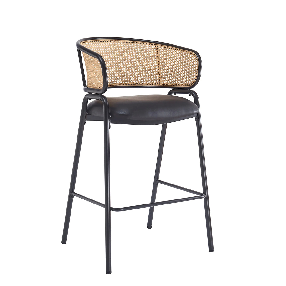 2026 Christopher Knight Home 29.5" PU Upholstered Bar Stool with Woven Rattan Backrest & Iron Frame, Black, Set of 2