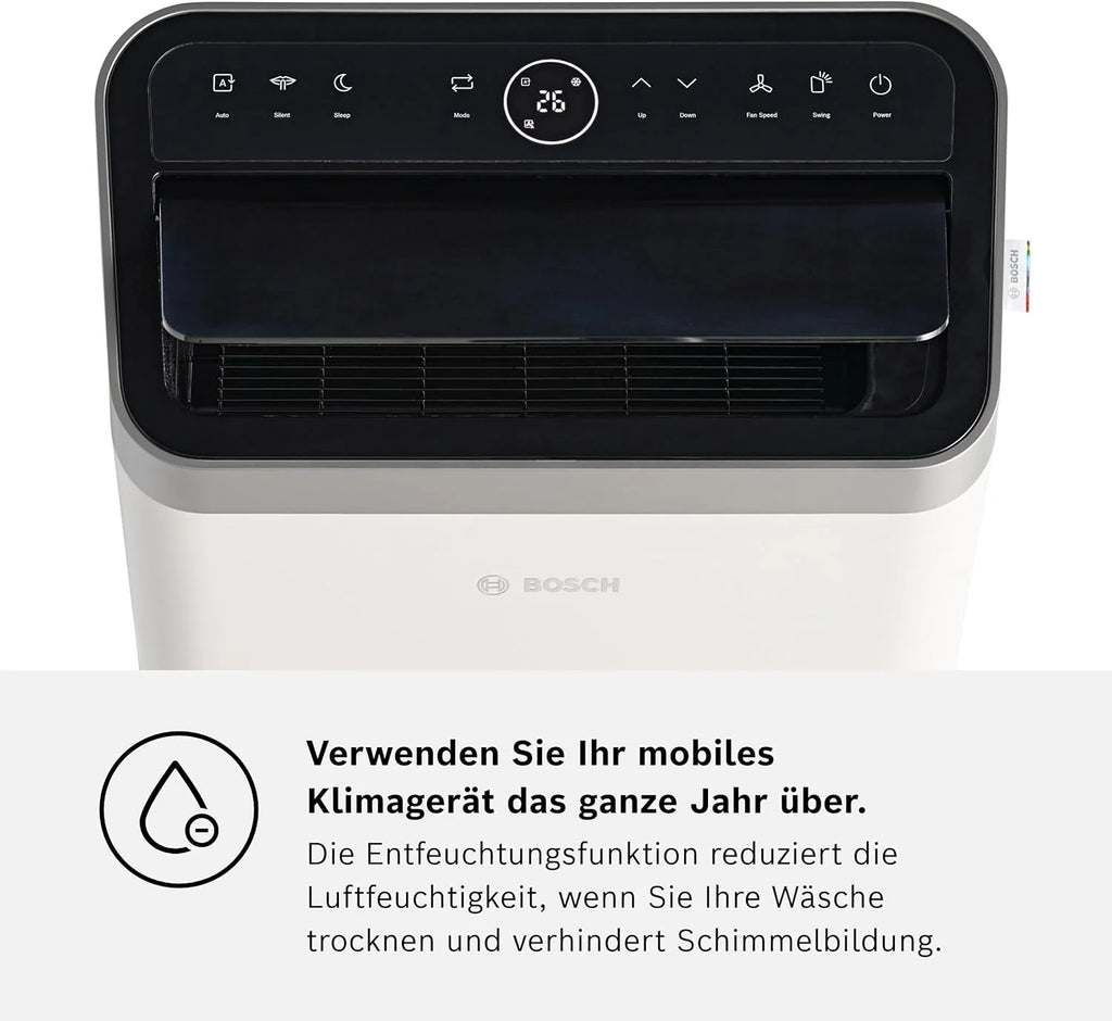 Aire acondicionado portátil Bosch Cool 4000 (modelo 2026) – 3 en 1: Aire acondicionado, deshumidificador y ventilador – 2,6 kW para habitaciones de hasta 35 m² – Con modo automático, modo silencioso y modo reposo.