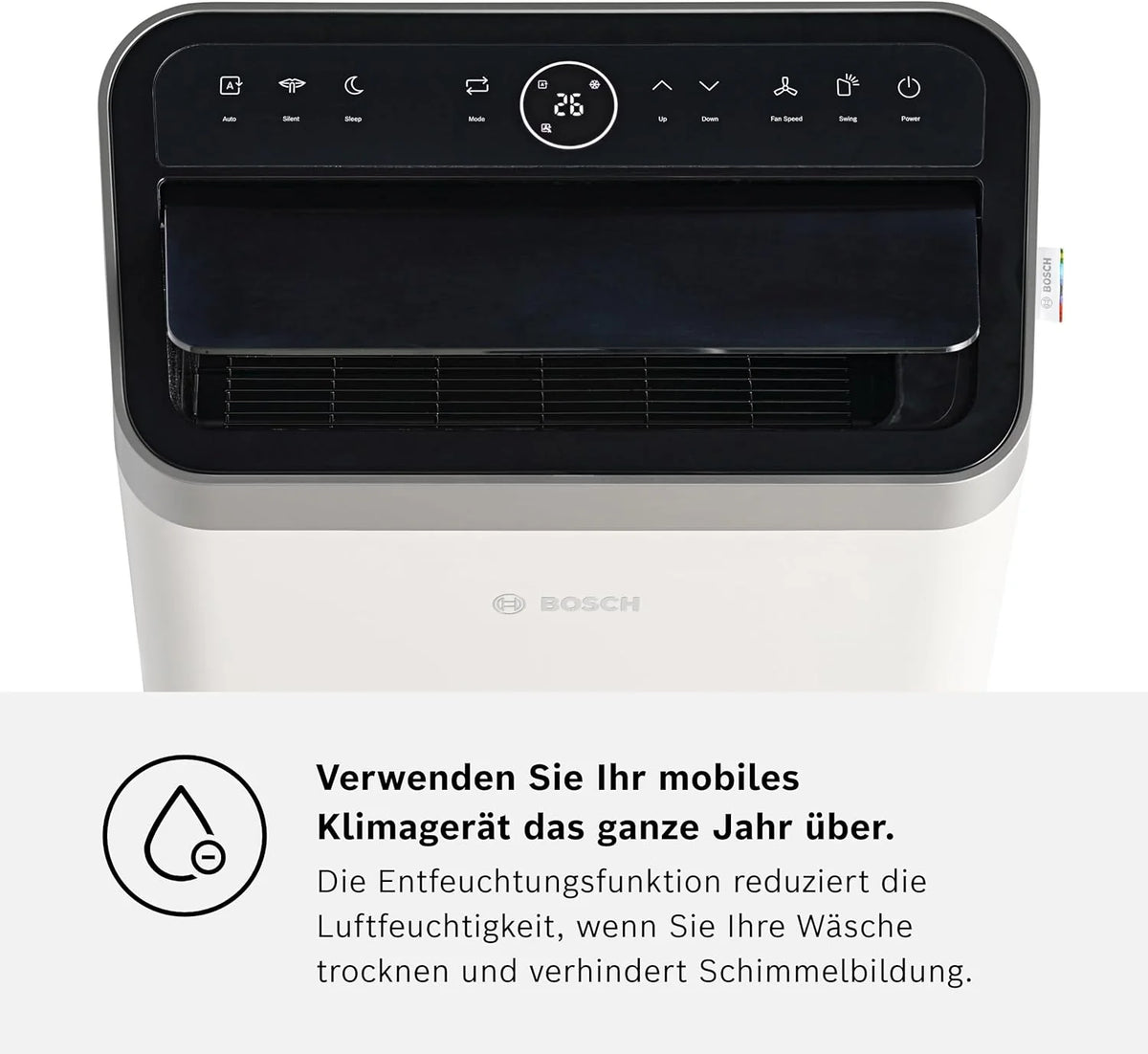 Aire acondicionado portátil Bosch Cool 4000 (modelo 2026) – 3 en 1: Aire acondicionado, deshumidificador y ventilador – 2,6 kW para habitaciones de hasta 35 m² – Con modo automático, modo silencioso y modo reposo.