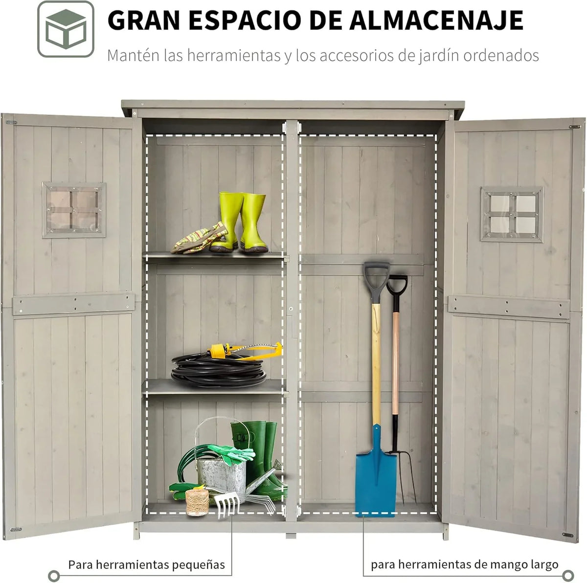 2026 Outsunny Cobertizo de Madera Caseta Exterior Armario Herramientas de Jardinería Doble Puertas Techo Impermeable Compartimientos de Diferentes Tamaños 127.5x50x164cm Madera Maciza