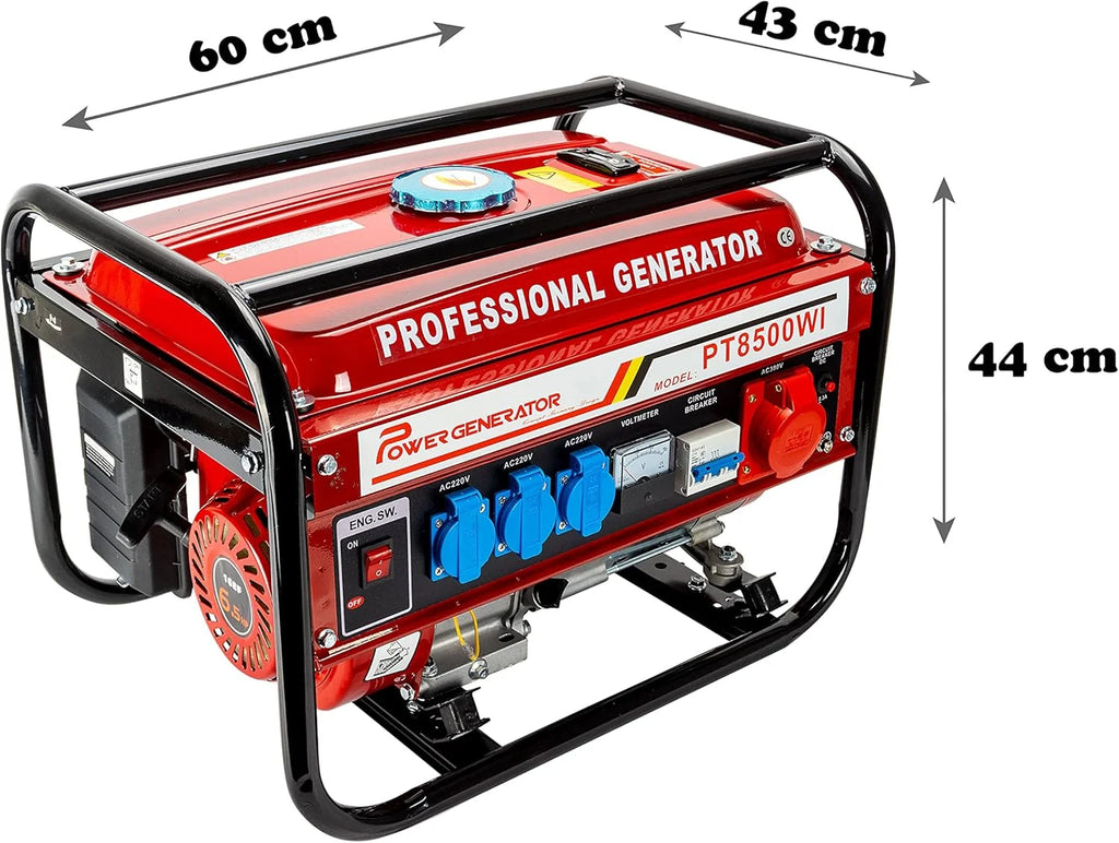 Generador de gasolina 2026 | Generador eléctrico con accesorios | Generador de emergencia silencioso | 5 tomas de corriente: 3 x 230 V / 1 x 400 V / 1 x 12 V | 6,5 CV (Generador con arranque por cuerda)