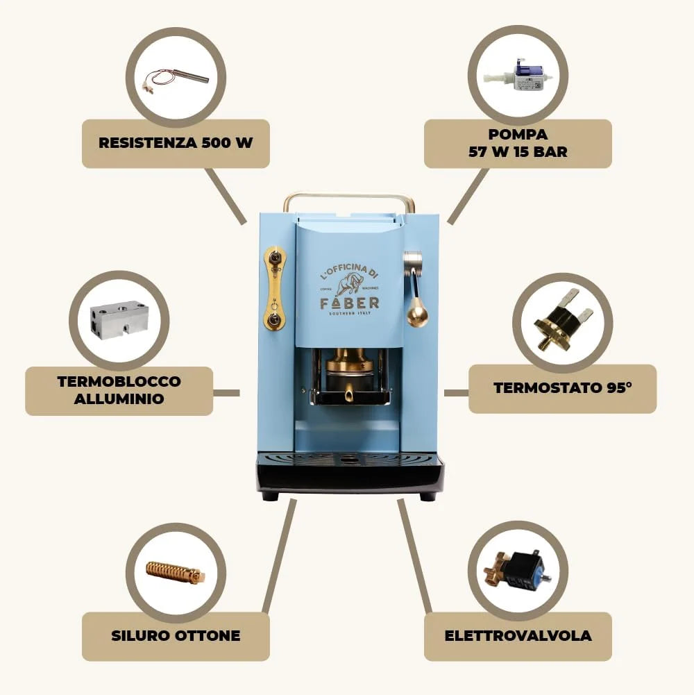 Cafetera Faber PRO Total Deluxe 2026, fabricada en latón, con papel ESE de 44 mm y capacidad de 1,3 litros (blanca).