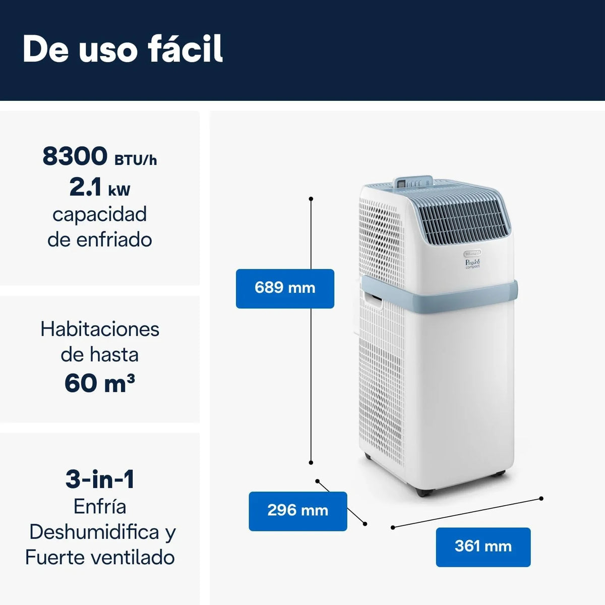 2026 Pinguino Compact PAC ES72 YOUNG Aire Acondicionado Portátil 8.300 BTU/h, 2,1 kW, hasta 60m³, Función Deshumidificador y Ventilación, Temporizador 24 Horas