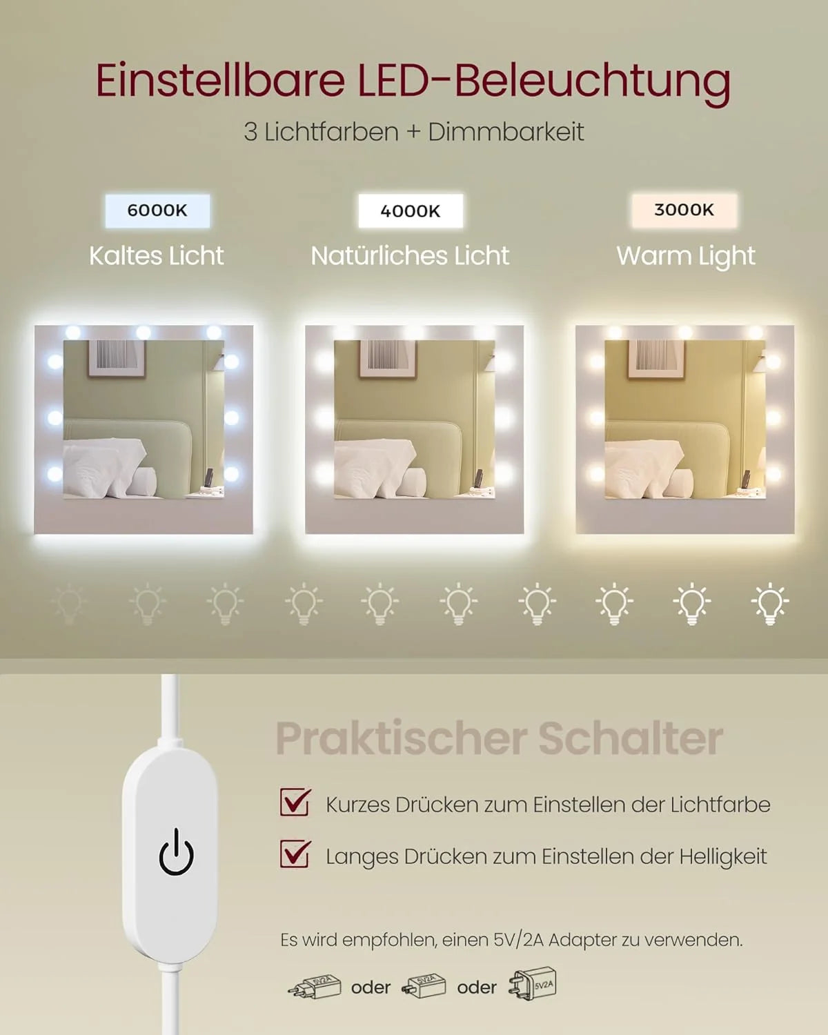 Colección Kailyn de VASAGLE 2026: Tocador con espejo y luces LED, regleta, 9 cajones, 9 bombillas regulables, 3 colores de luz, rieles deslizantes sin herramientas, blanco nube RDT141WB02