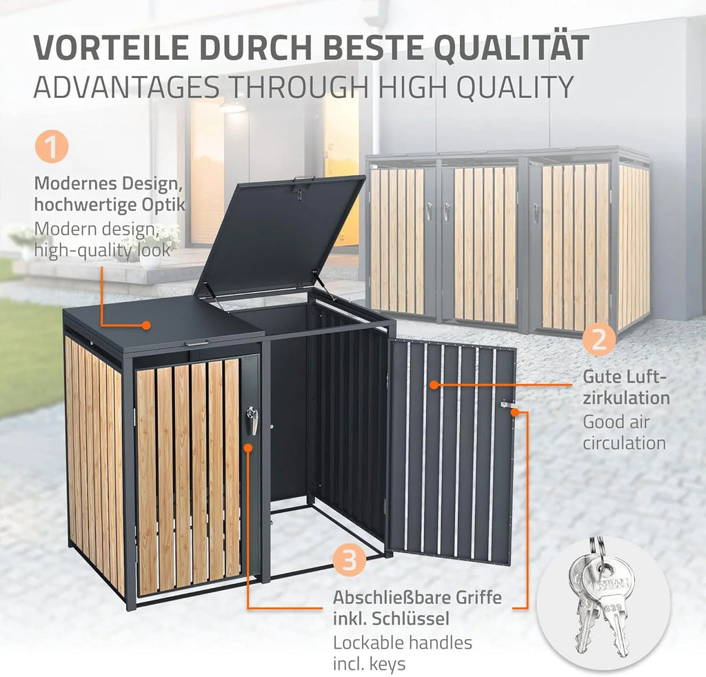 Contenedor de residuos ML – Design 2026 de 3 compartimentos, 240 L, 200 x 80 x 116,3 cm, acabado imitación madera antracita, acero, resistente a la intemperie/con cerradura, caja para contenedores de residuos con tapa abatible/3 puertas, contenedor