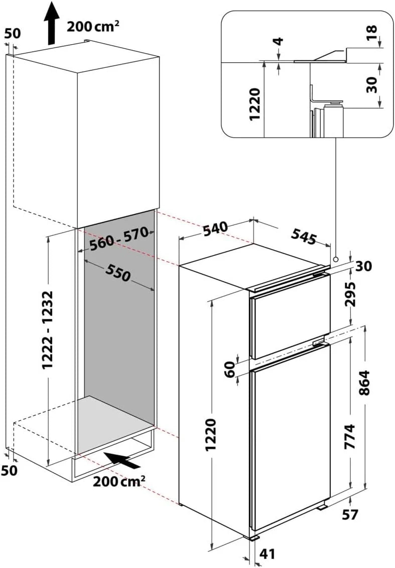 Frigorífico/congelador integrable Bauknecht KDI 12S2 de 2026, 173 l, control electrónico de temperatura, descongelación automática, iluminación LED, funcionamiento silencioso (36 dB), bisagra de puerta reversible, clase energética E, color blanco.