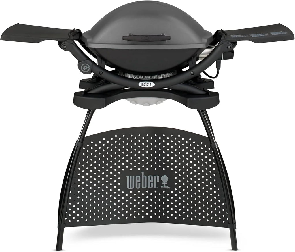 Parrilla eléctrica Weber Q2400 de 2026 con soporte y mesas laterales, superficie de cocción de 54 x 39 cm, portátil, rejilla de cocción de hierro fundido esmaltado en porcelana de 2 piezas, tapa y carcasa de aluminio fundido – Gris oscuro (55020879)