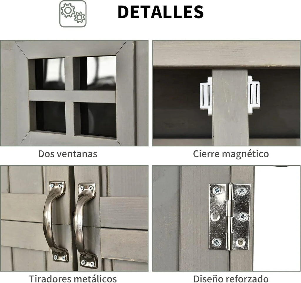 2026 Outsunny Cobertizo de Madera Caseta Exterior Armario Herramientas de Jardinería Doble Puertas Techo Impermeable Compartimientos de Diferentes Tamaños 127.5x50x164cm Madera Maciza