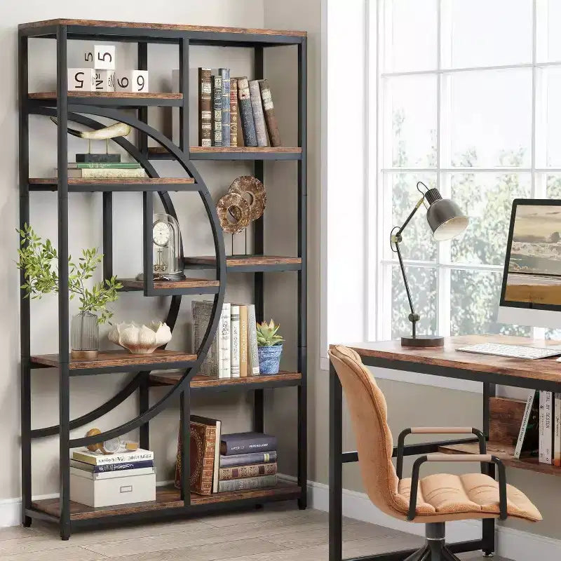 2026 Librería de 5 niveles de 175 cm – Diseño geométrico en forma de media luna, marrón y negro.