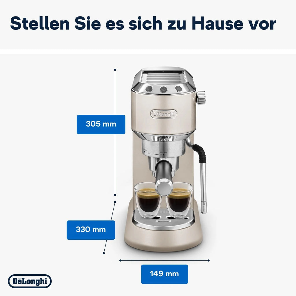 Cafetera espresso De'Longhi Dedica Style EC 685.M de 2026 con portafiltro, espumador de leche profesional, solo 15 cm de ancho, para café molido o cápsulas ESE, depósito de agua de 1 l, color plata.