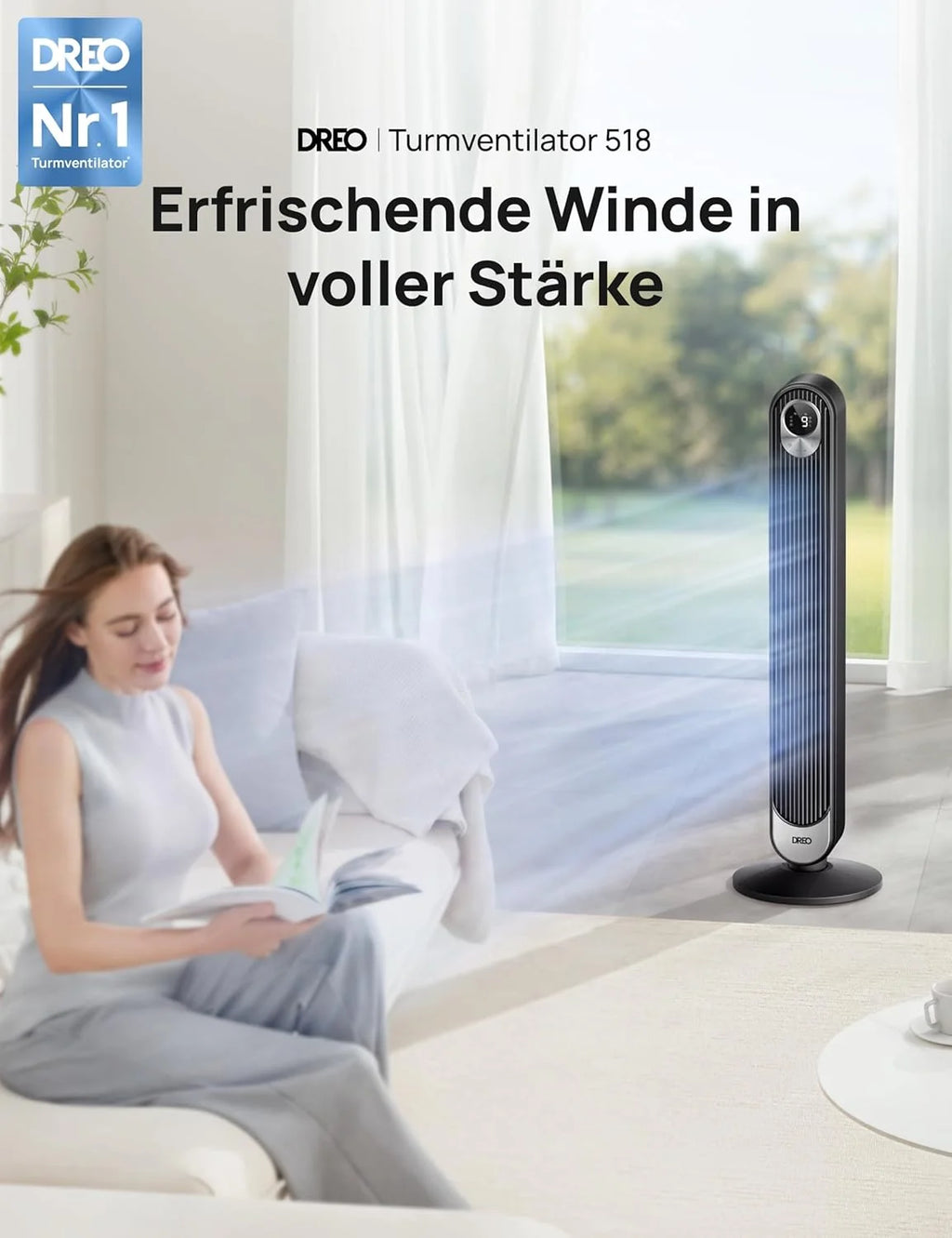 Ventilador de torre DREO 2026 con motor DC, silencioso, alcance de viento de 11 m con control remoto de refrigeración, 9 velocidades, 4 modos, ventilador de pie oscilante de 90° para dormitorio, ventilador de torre con temporizador de 12 horas.