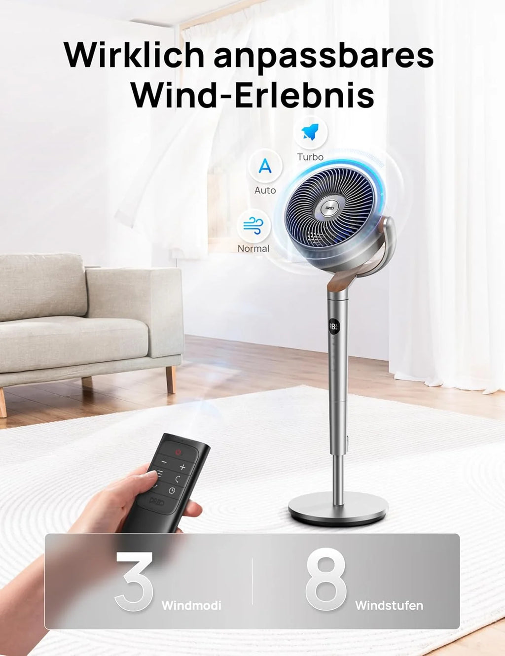 Ventilador de pedestal silencioso Dreo 2026 de 20 dB, oscilante omnidireccional de 120°+120°, alcance del viento de 26 m, caudal de aire de 1200 m³/h, circulador de aire turbo real, altura de 102 cm, 3 modos, 8 velocidades.