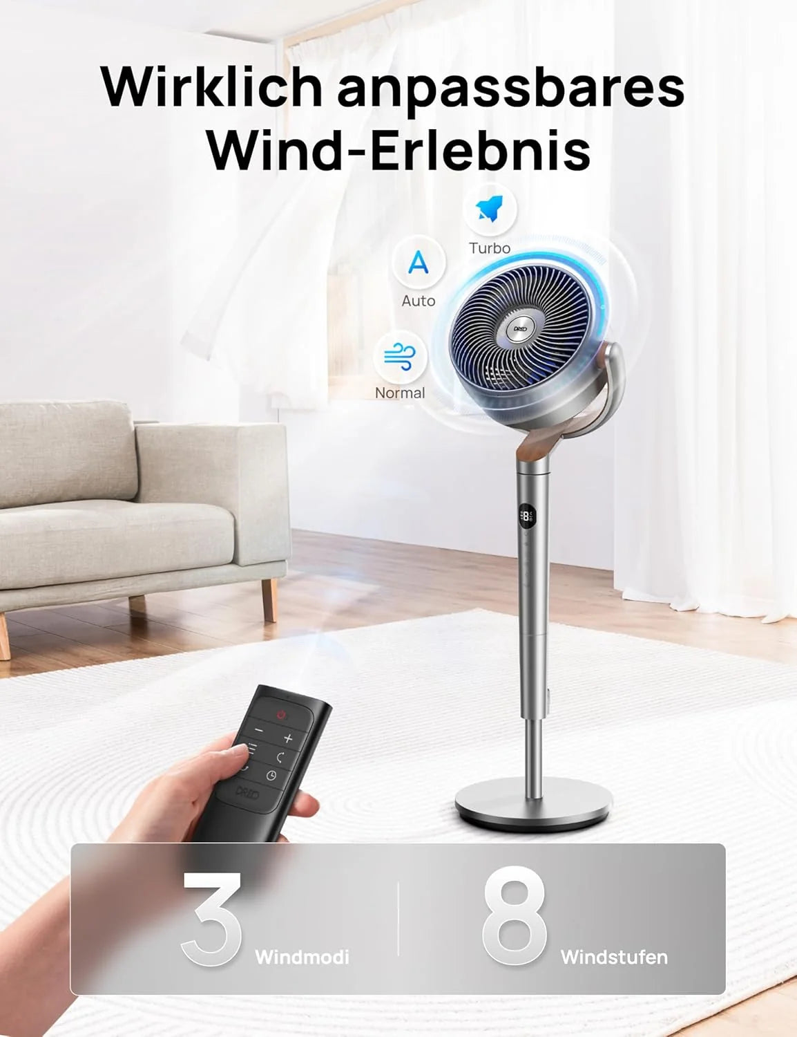 Ventilador de pedestal silencioso Dreo 2026 de 20 dB, oscilante omnidireccional de 120°+120°, alcance del viento de 26 m, caudal de aire de 1200 m³/h, circulador de aire turbo real, altura de 102 cm, 3 modos, 8 velocidades.