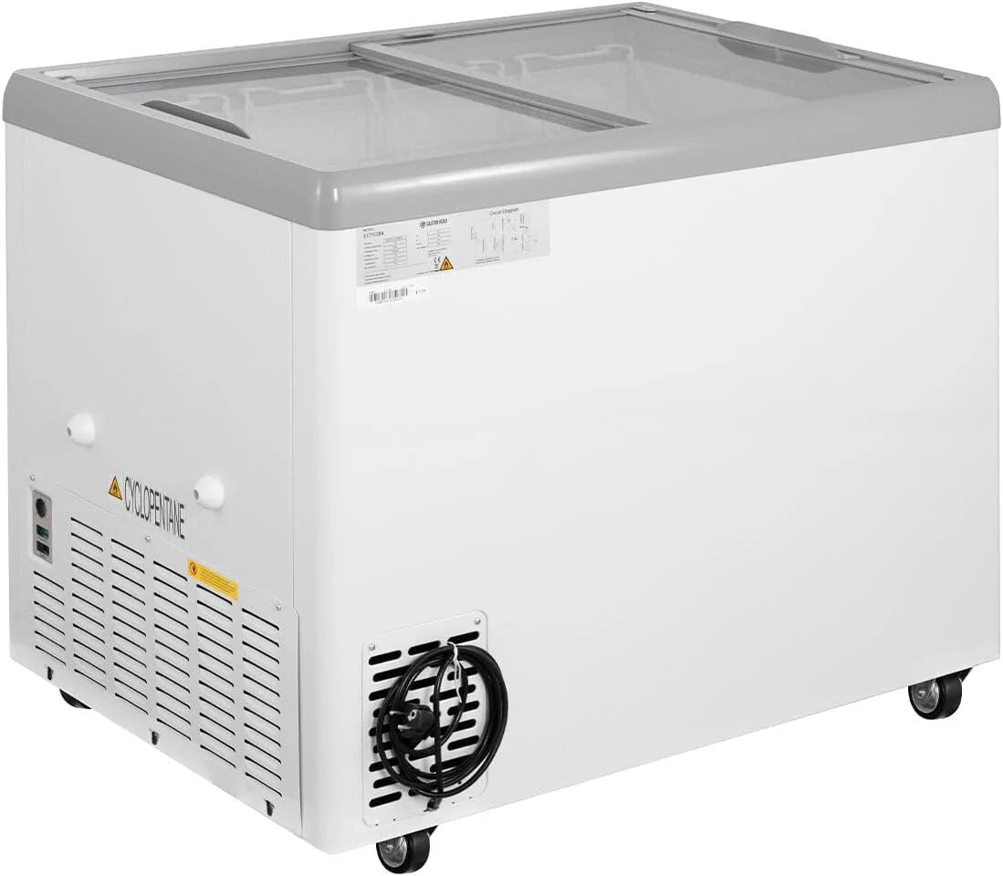 Congelador horizontal para helados GastroHero 2026, 284 litros, congelador profundo, iluminación LED, tapa de vidrio corrediza, ruedas. Congelador comercial para venta de helados, – 18 °C, quiosco de catering.