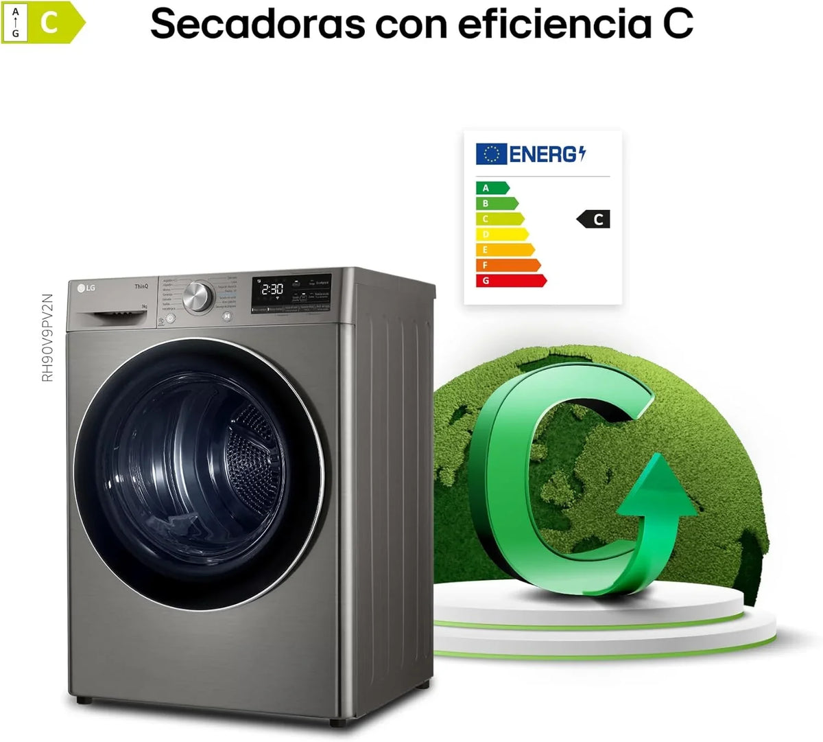 2026 RH90V9PV2N Secadora de Ropa, 9Kg, Bomba de Calor Dual Invert, Carga Frontal, Clasificación C, Sensor de Secado, Serie 900, Inox Antihuellas