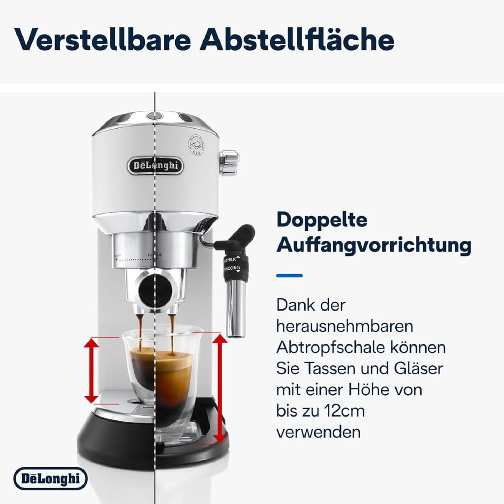 Cafetera espresso De'Longhi Dedica Style EC 685.M de 2026 con portafiltro, espumador de leche profesional, solo 15 cm de ancho, para café molido o cápsulas ESE, depósito de agua de 1 l, color plata.