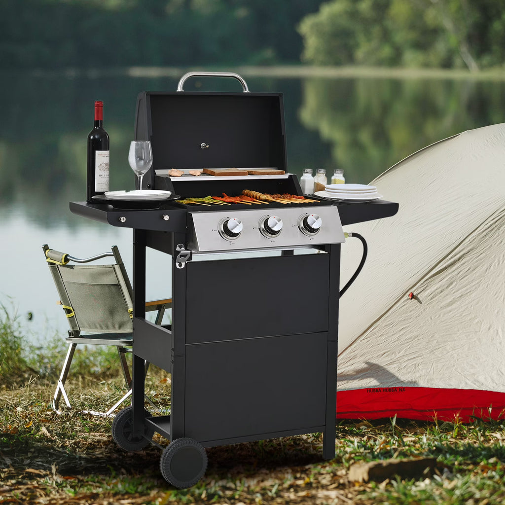 2026 Qiushi 3-Burner Propane Gas Grill, 26,000 BTU Stainless Steel BBQ Grill with 2 Shelves & Thermometer, Outdoor Patio Grill with Electronic Ignition, Wheels & Bottle Opener -M?Durable & Even Heating