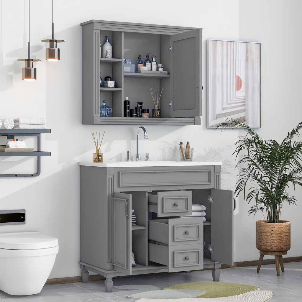 2026 Modern Bathroom Furniture Set, 36" Bathroom Vanity with Top Sink, 35" Wall Mounted Bathroom Storage Cabinet, Mirror Cabinet with 6 Shelves, Storage Cabinet with 2 Doors and 2 Drawers, Grey