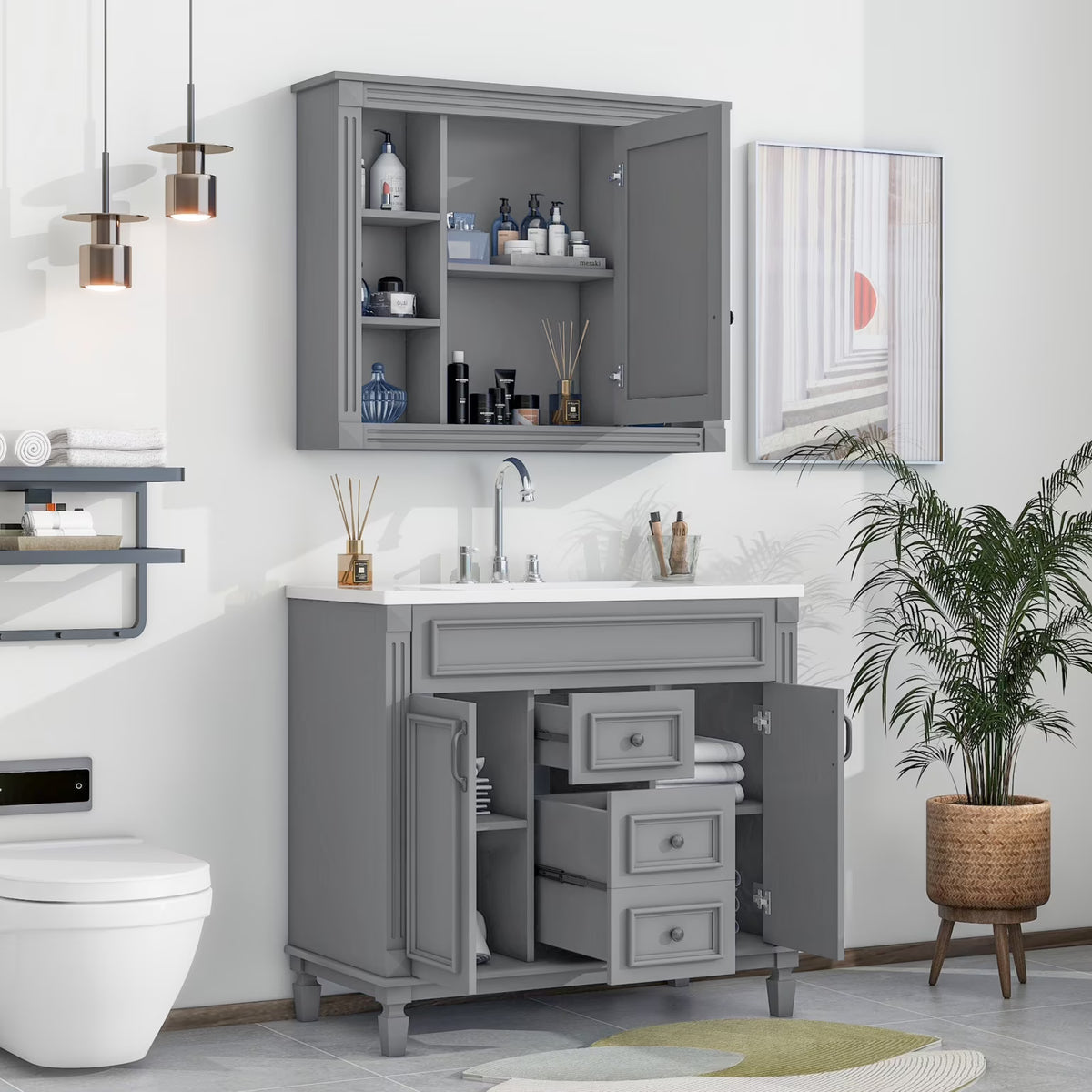 2026 Modern Bathroom Furniture Set, 36" Bathroom Vanity with Top Sink, 35" Wall Mounted Bathroom Storage Cabinet, Mirror Cabinet with 6 Shelves, Storage Cabinet with 2 Doors and 2 Drawers, Grey