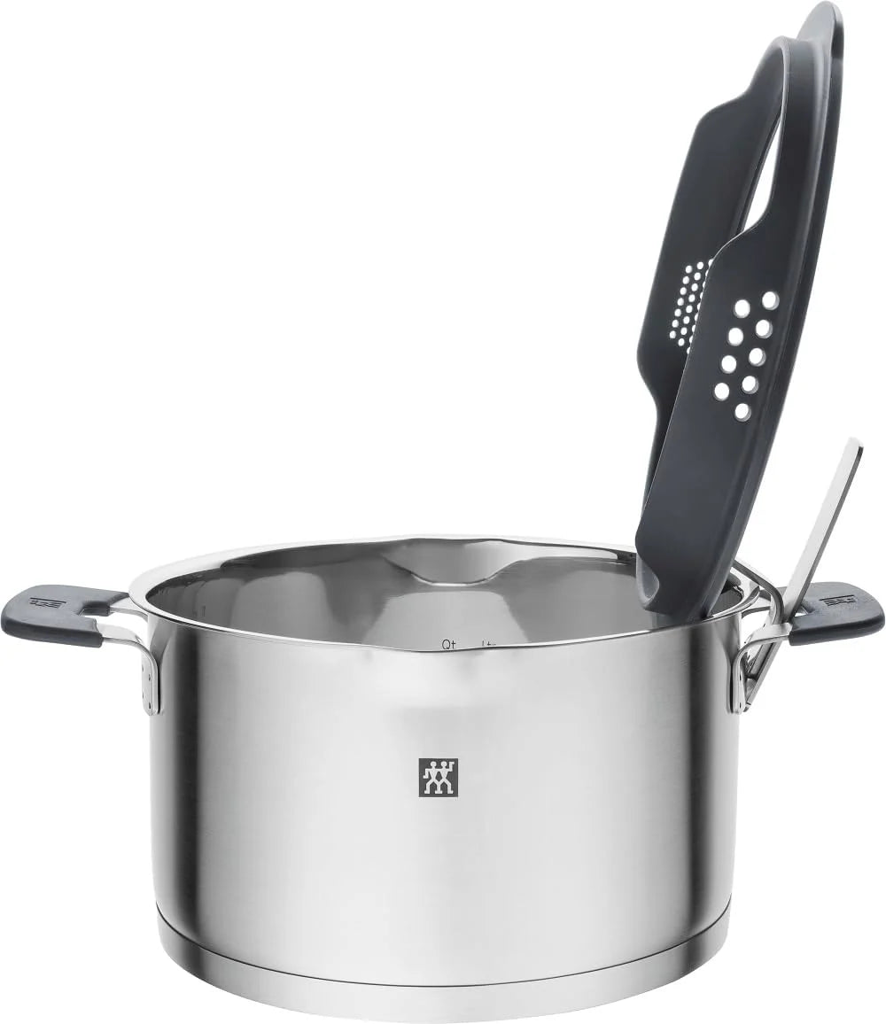 Juego de utensilios de cocina ZWILLING Simplify de 5 piezas, modelo 2026, con boquilla para verter, asas que se mantienen frías, apto para inducción, acero inoxidable, color plata.