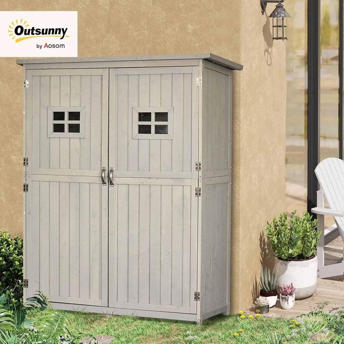2026 Outsunny Cobertizo de Madera Caseta Exterior Armario Herramientas de Jardinería Doble Puertas Techo Impermeable Compartimientos de Diferentes Tamaños 127.5x50x164cm Madera Maciza